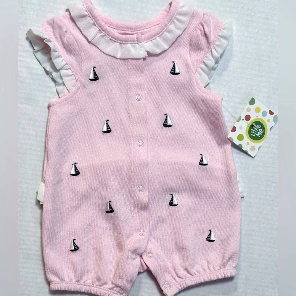 Little Me Baby Girl Sailboat Romper 3M Pink Pique Ruffle NWT Coastal Preppy